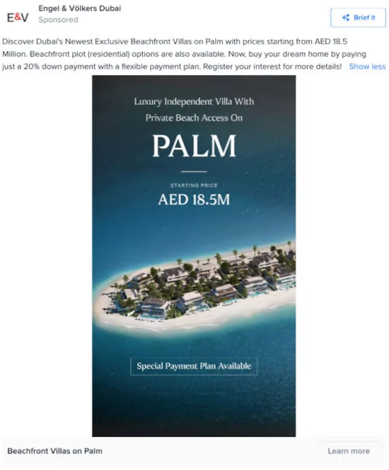Engel & Völkers Dubai ad for beachfront villas on Palm, with an aerial island view, starting price, and payment plan
