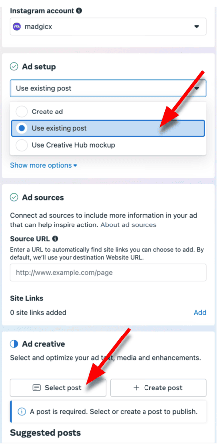 Use existing post - Ads Manager