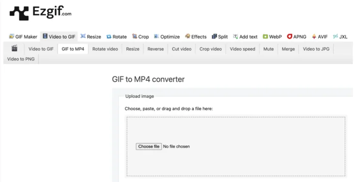 Ezgif's GIF to MP4 converter, used to turn a GIF into a video you can post on Instagram.