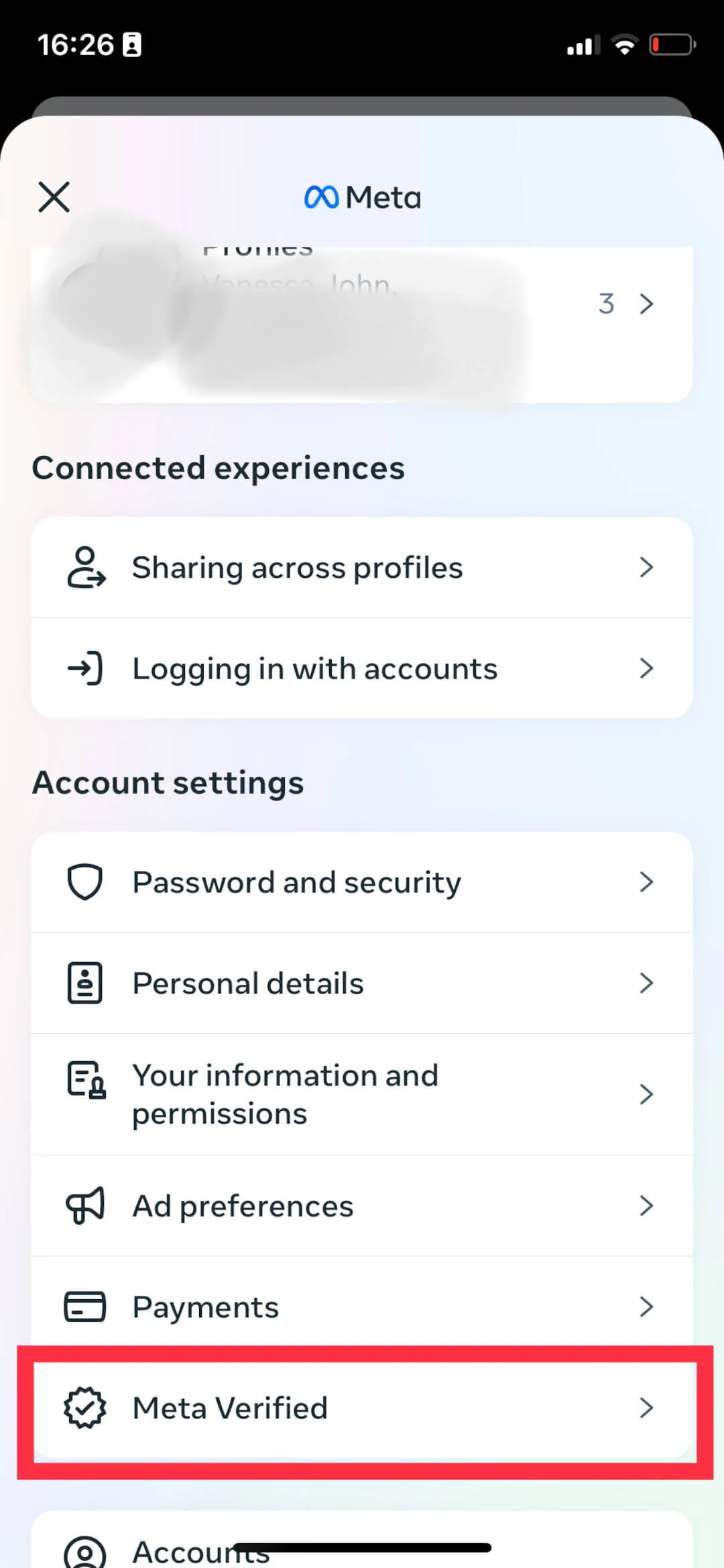 Meta Verified highlighted under Account settings in the Facebook app's Accounts Center.