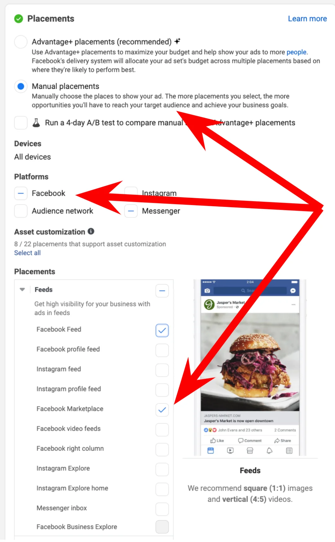 Facebook ad creation - ad placement
