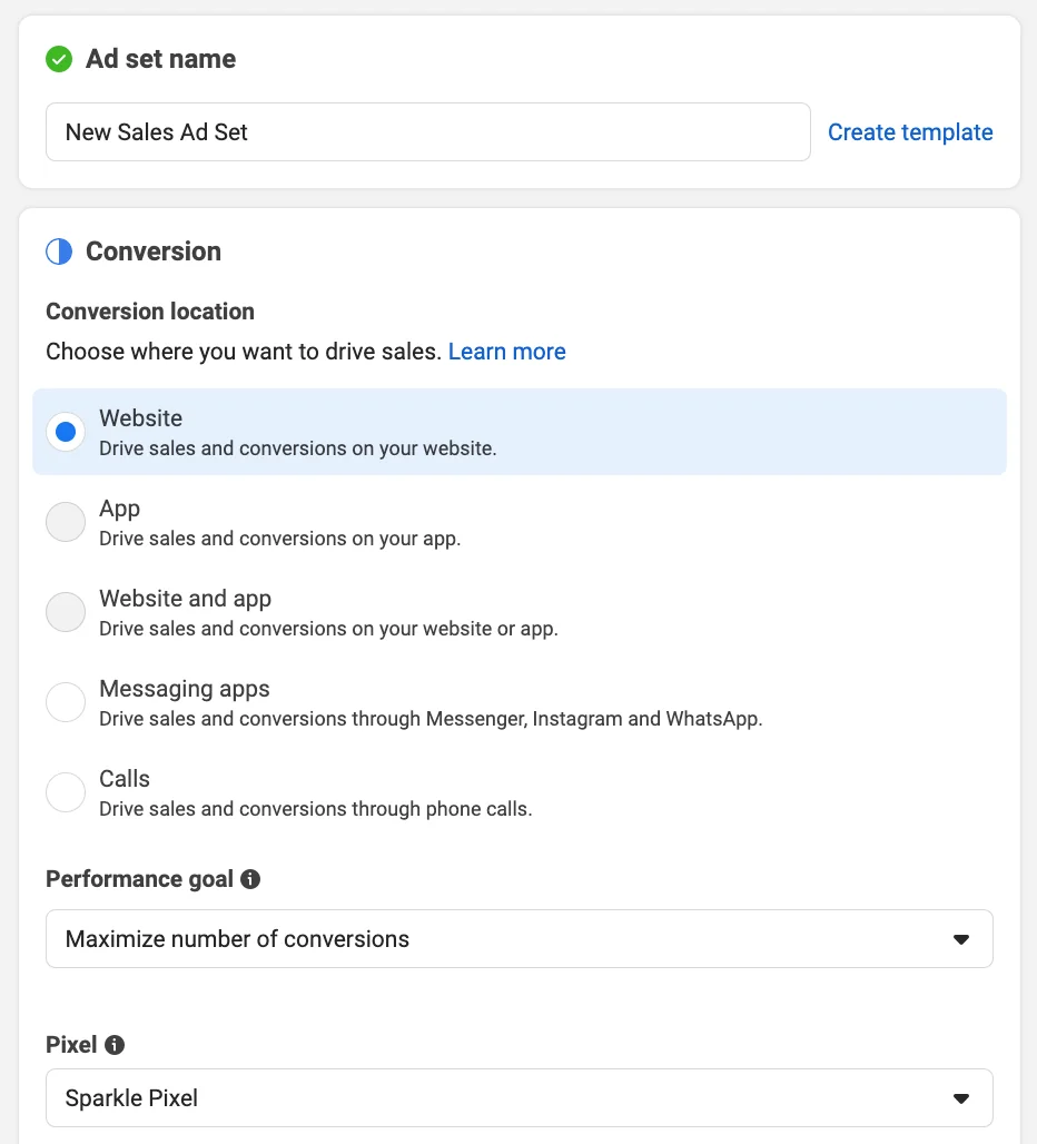 Facebook ad creation - ad set name, conversion location, and performance goals