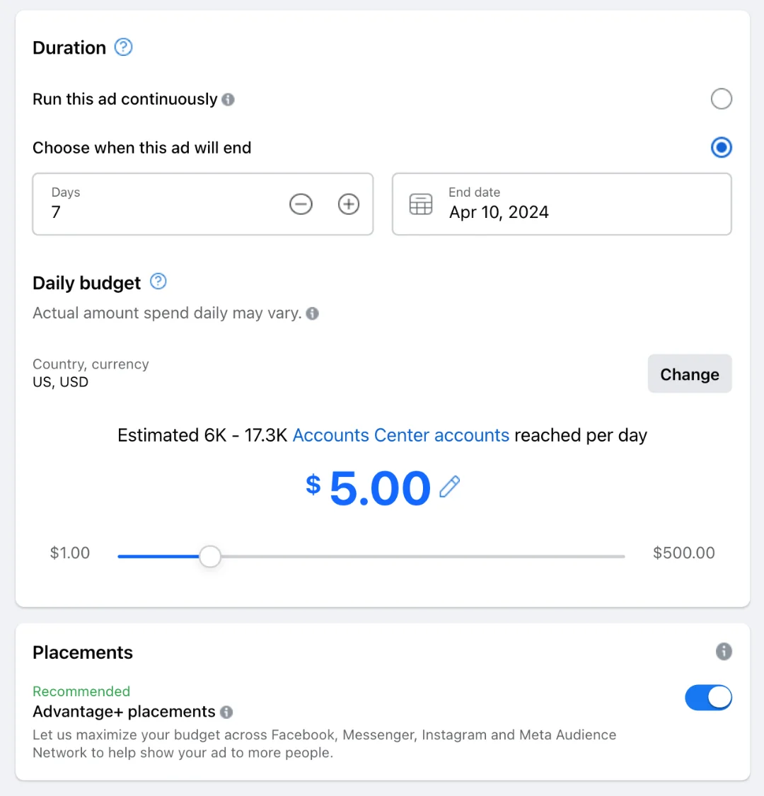 Facebook ad creation - budget
