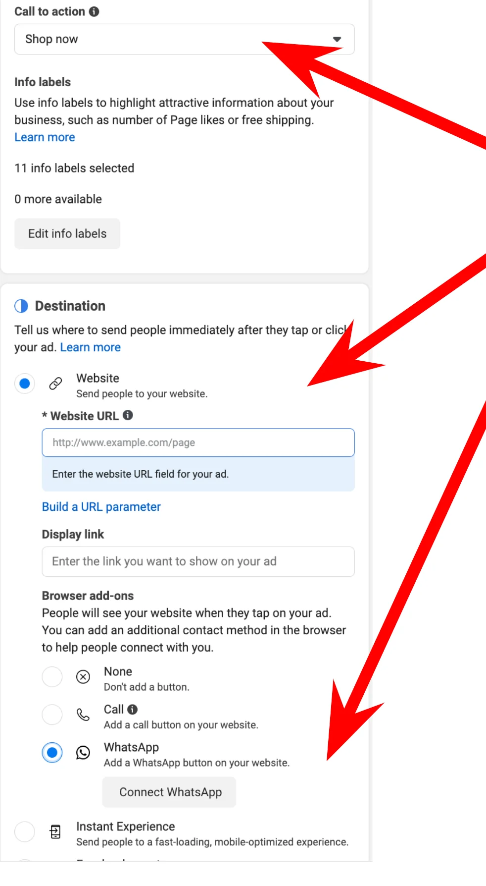 Facebook ad creation - call to action, destination, and add ons