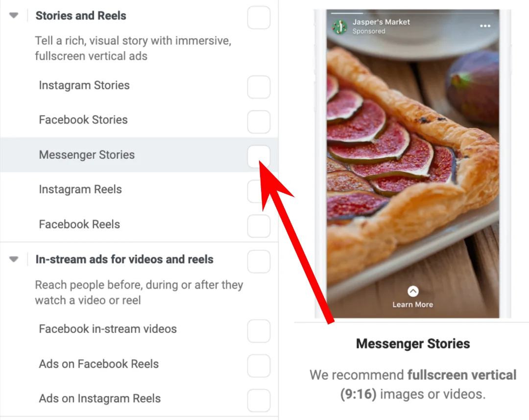Facebook ad creation - Messenger Stories