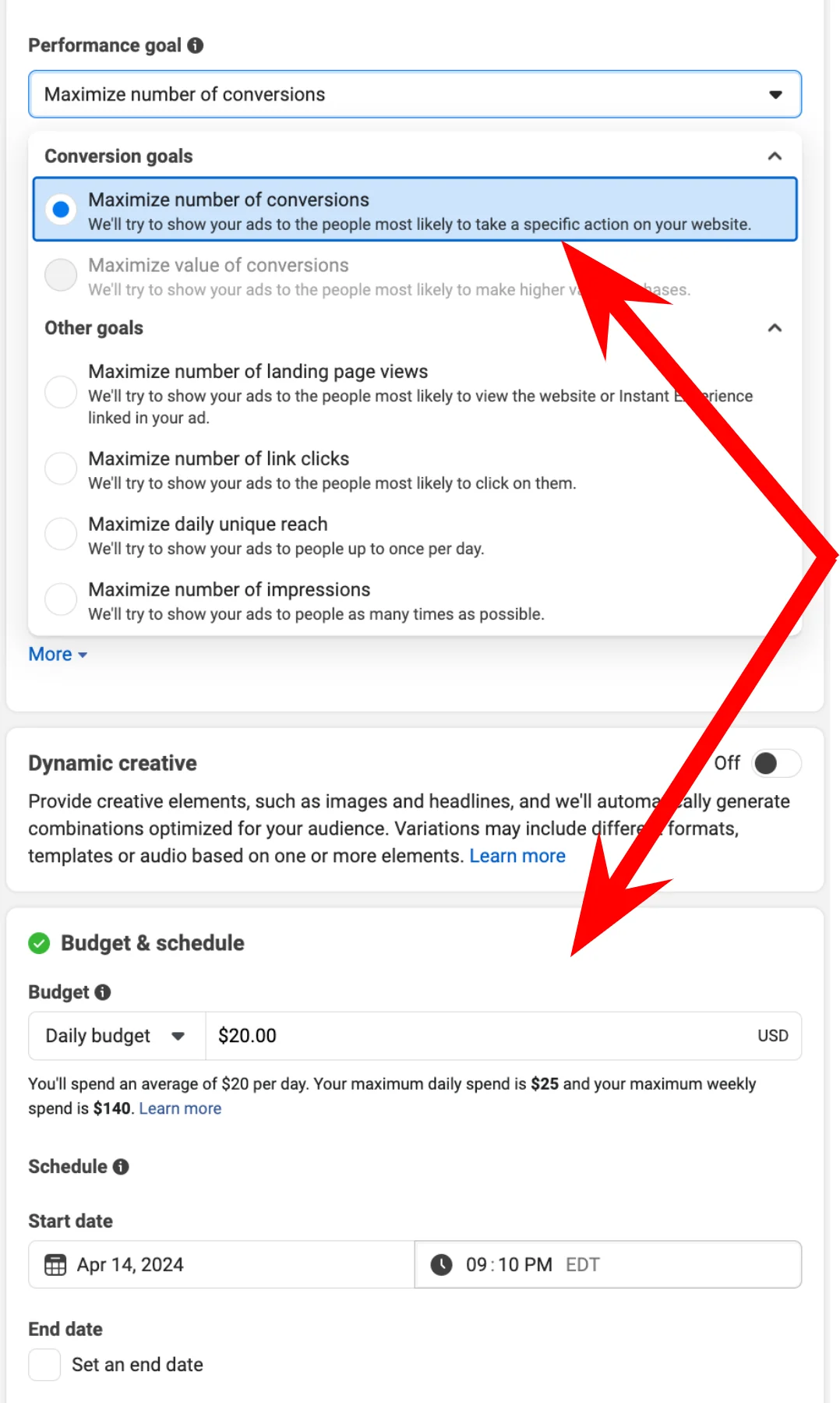 Facebook ad creation - Performance goals, Dynamic creative, budget and scheduling 