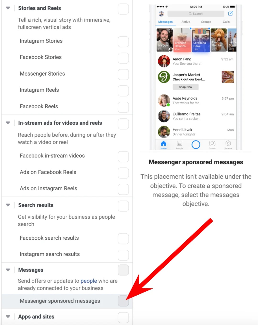 Facebook ad creation - Sponsored messages placement