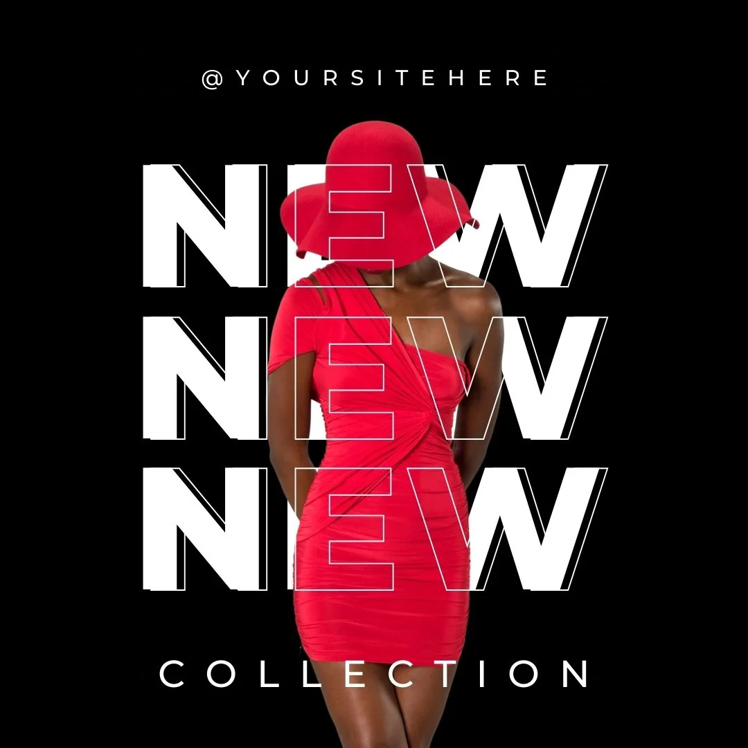 Fashion ad with a model in red on black behind bold white 'New New New Collection' text, an example of contrast.