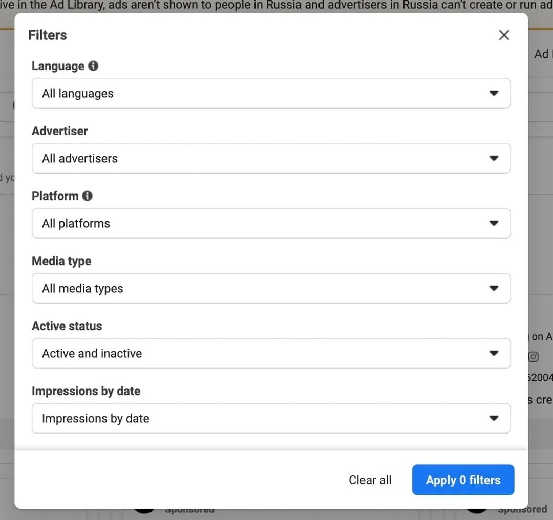 Facebook Ad Library filters