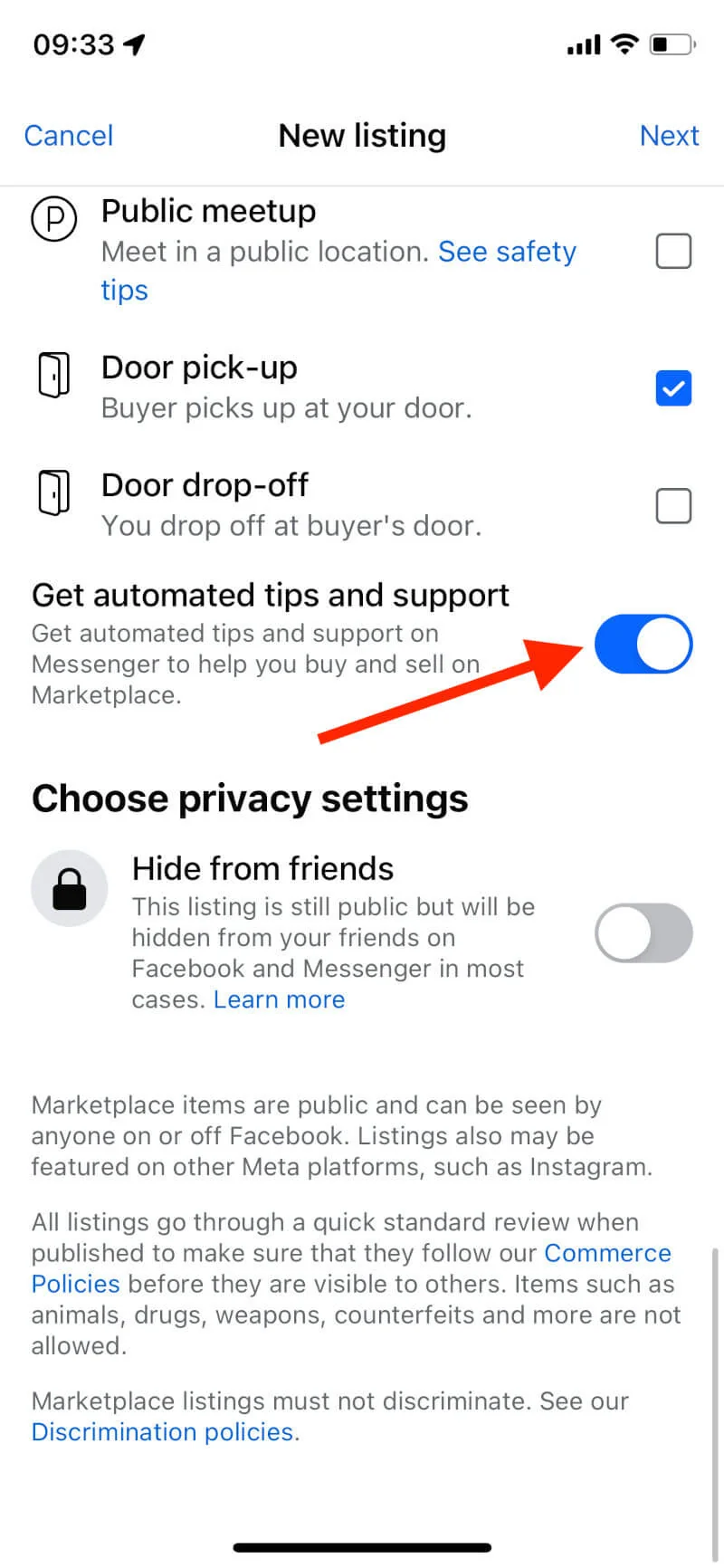 Arrow pointing to the 'Get automated tips and support' toggle in a Facebook Marketplace listing.