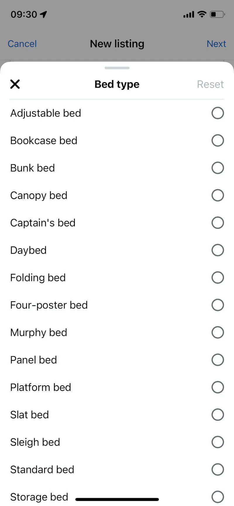 Bed type options Meta suggests for a Marketplace furniture listing in the Facebook app.
