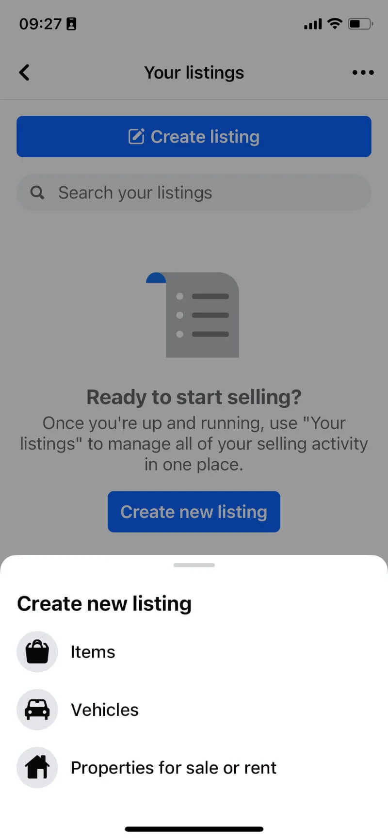 'Create new listing' options in the Facebook app: items, vehicles, and properties for sale or rent.