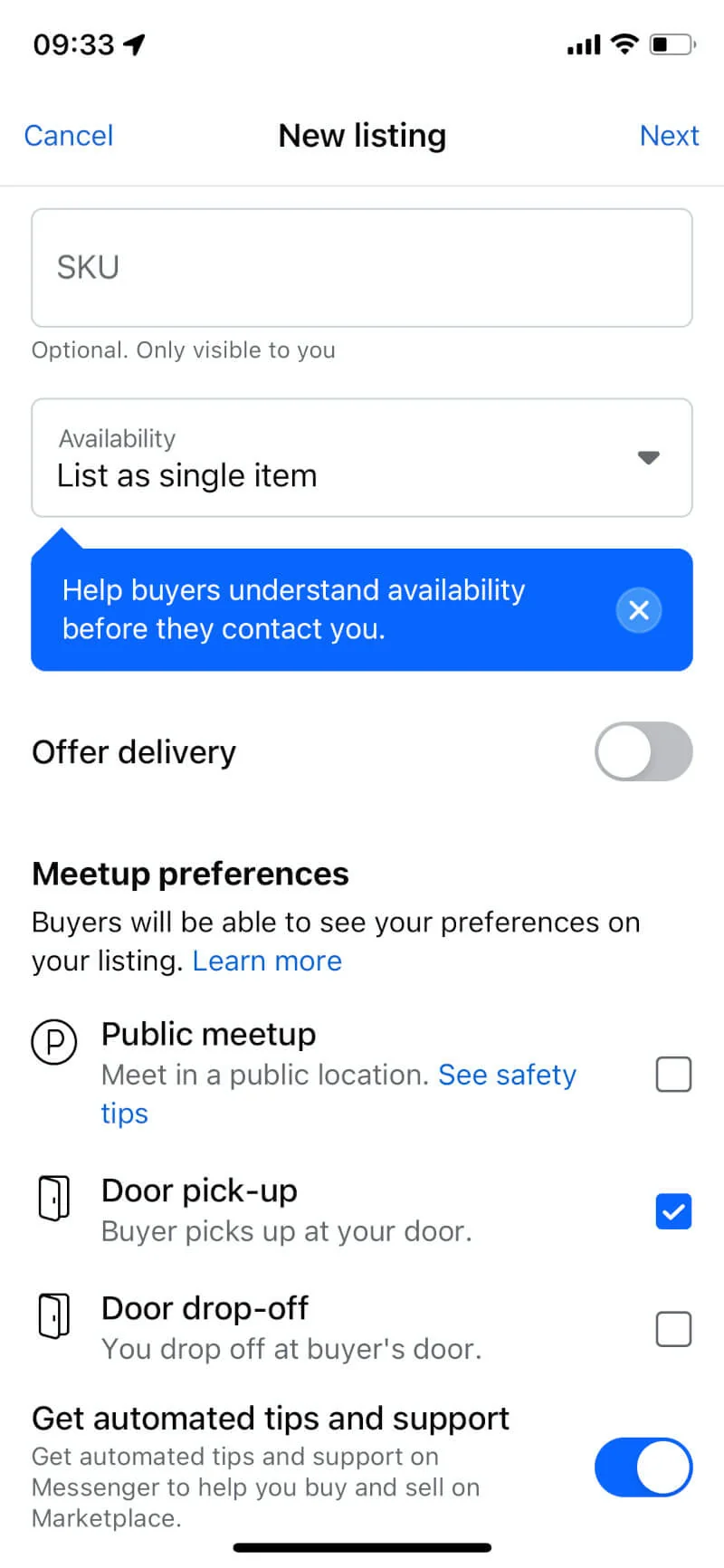 Marketplace listing options in the Facebook app for availability, delivery, and meetup preferences such as door pick-up.