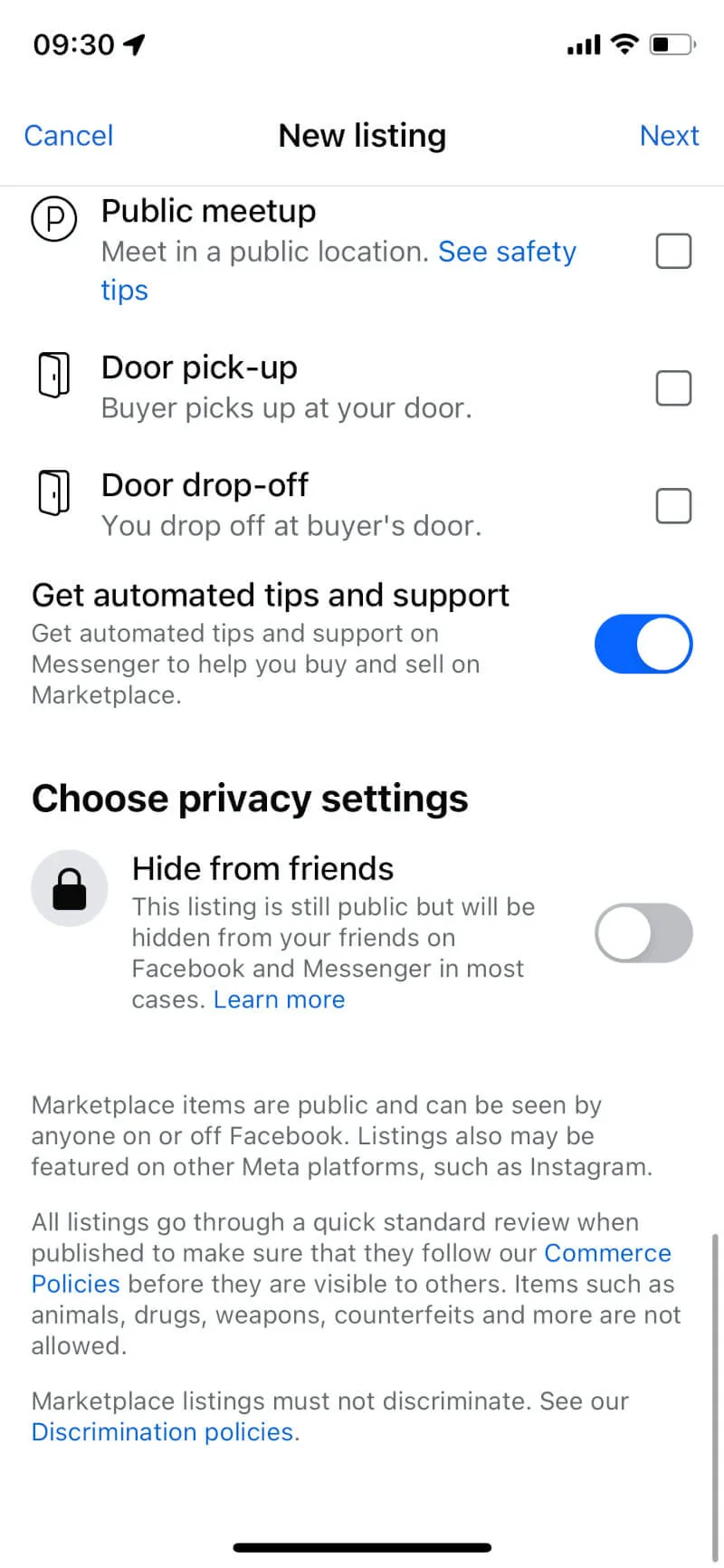 Marketplace listing privacy settings in the Facebook app, with the 'Hide from friends' toggle.