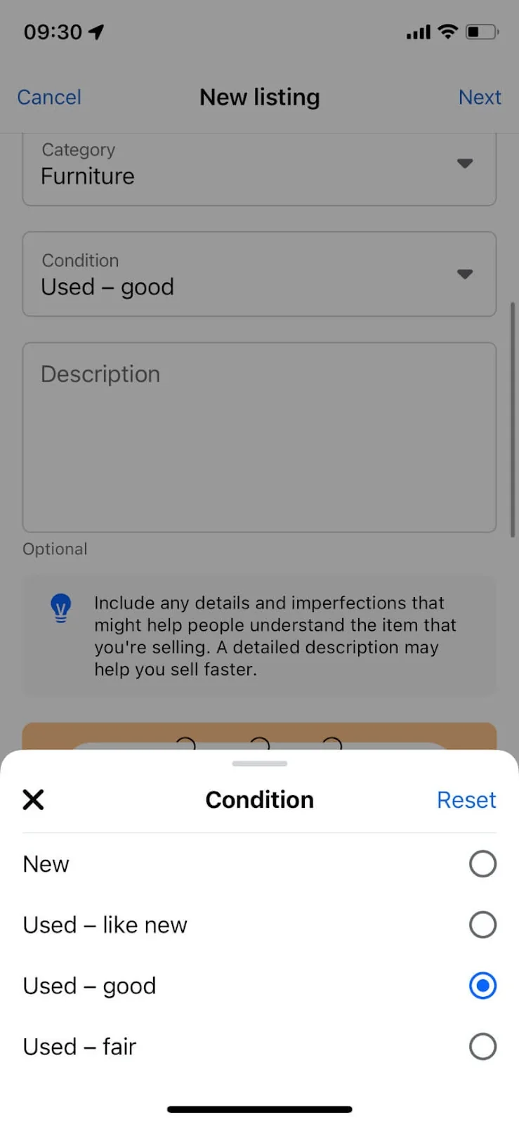 Item condition options for a Marketplace listing in the Facebook app: new, used like new, used good, and used fair.