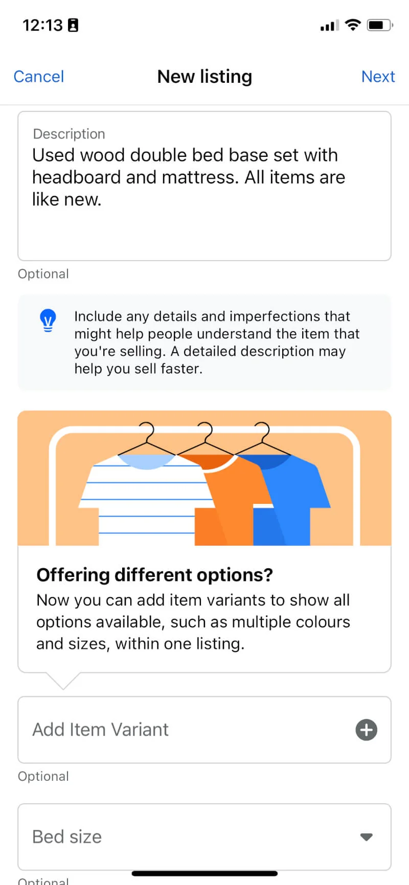 Marketplace listing in the Facebook app with a description and the option to add item variants such as colours and sizes.