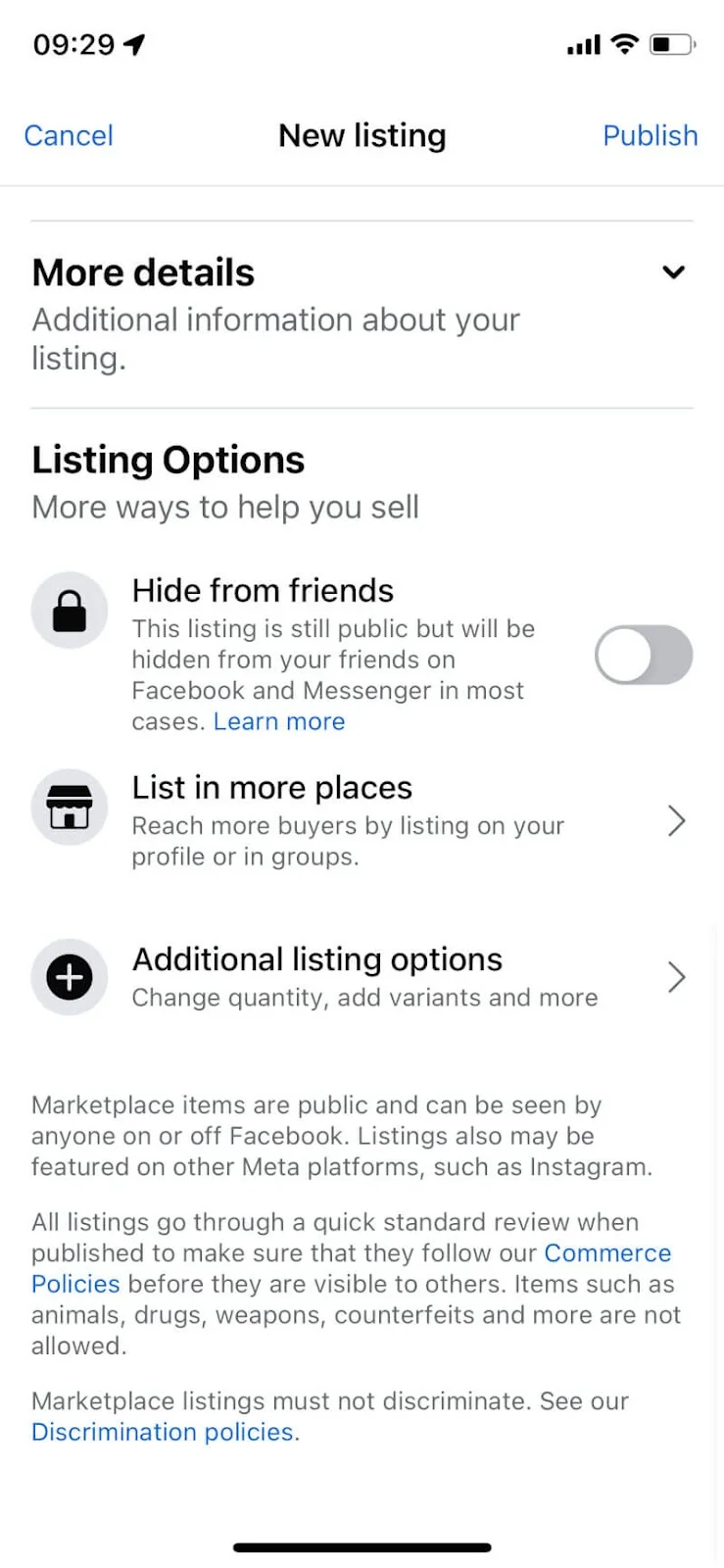 Marketplace listing options in the Facebook app, including 'Hide from friends' and 'List in more places'.