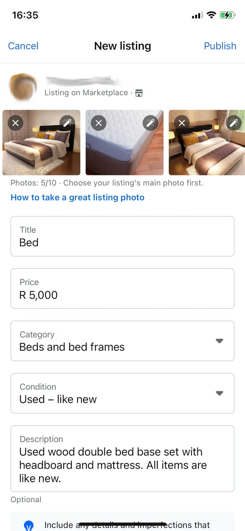New Marketplace listing in the Facebook app with photos, title, price, category, condition, and description.