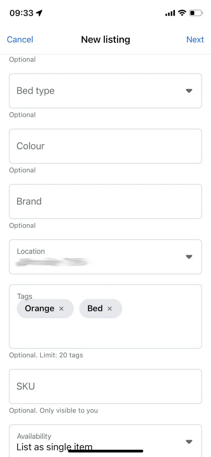 Optional Marketplace listing fields in the Facebook app for bed type, colour, brand, location, tags, and SKU.