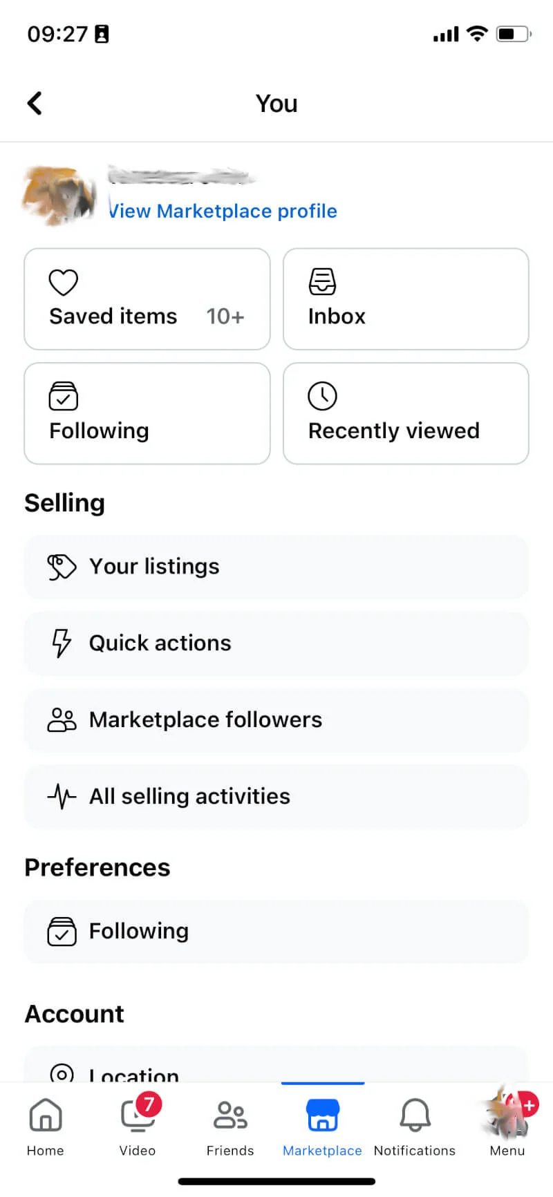 Marketplace profile menu in the Facebook app, with 'View Marketplace profile', inbox, and 'Your listings'.