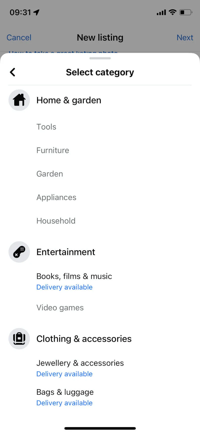 Marketplace category list in the Facebook app, with some categories marked 'Delivery available'.