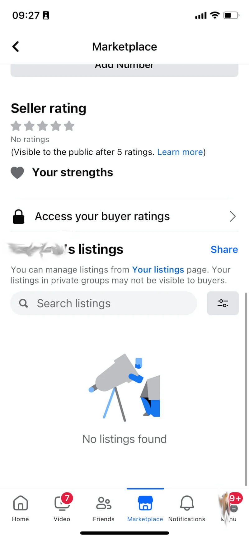 Marketplace profile in the Facebook app showing seller rating, buyer ratings, and a 'Share' link for your listings.