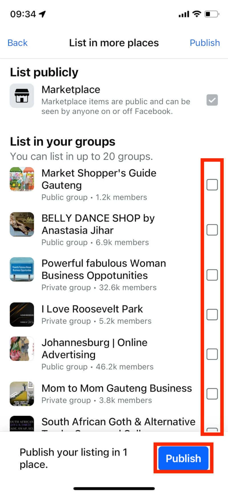 'List in more places' screen in the Facebook app for choosing buy-and-sell groups to share a listing in, then 'Publish'.
