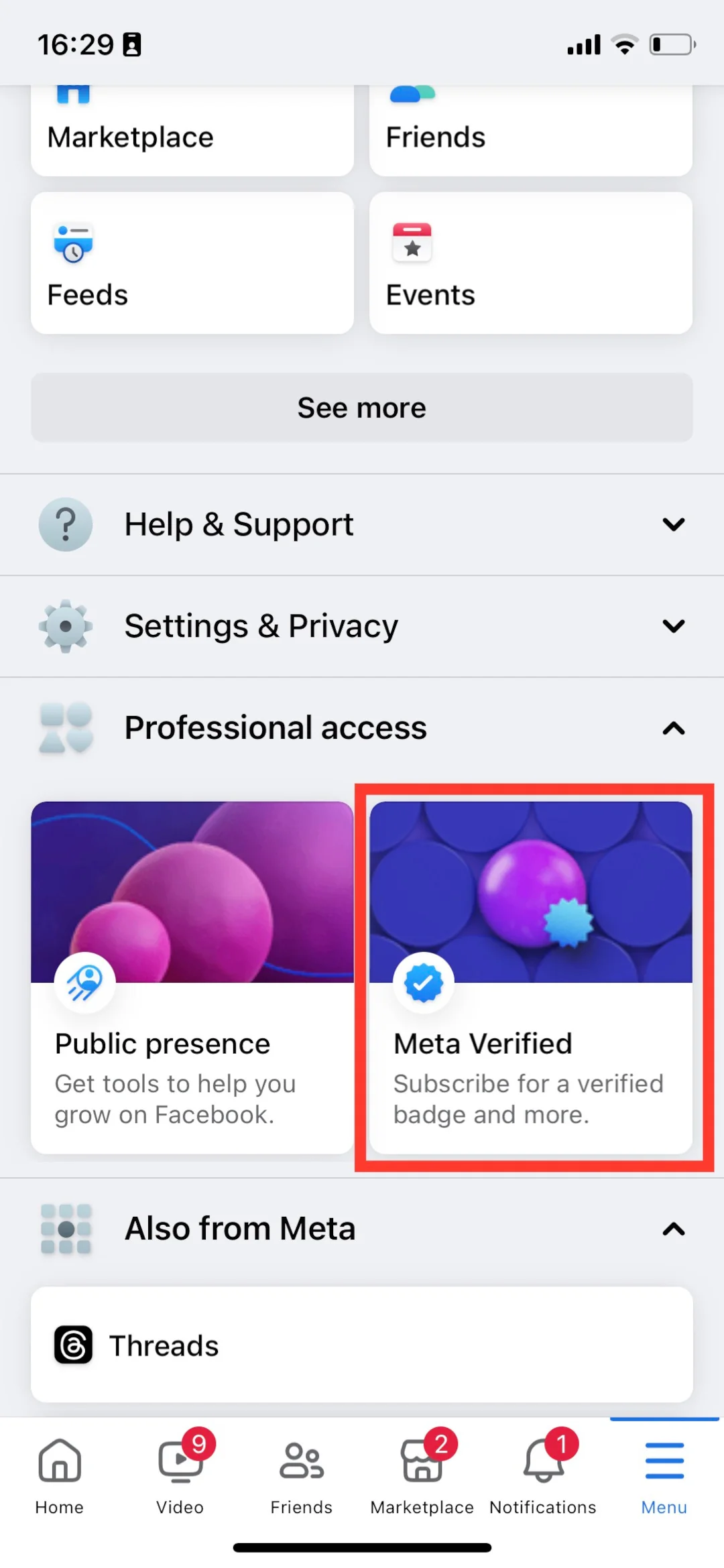 Meta Verified highlighted under Professional access in the Facebook mobile app menu.