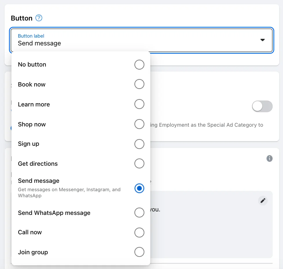 Facebook boost - choose button label