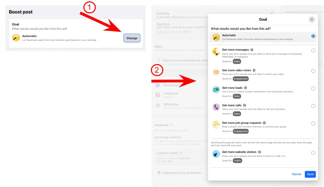 Facebook boost - choose a goal