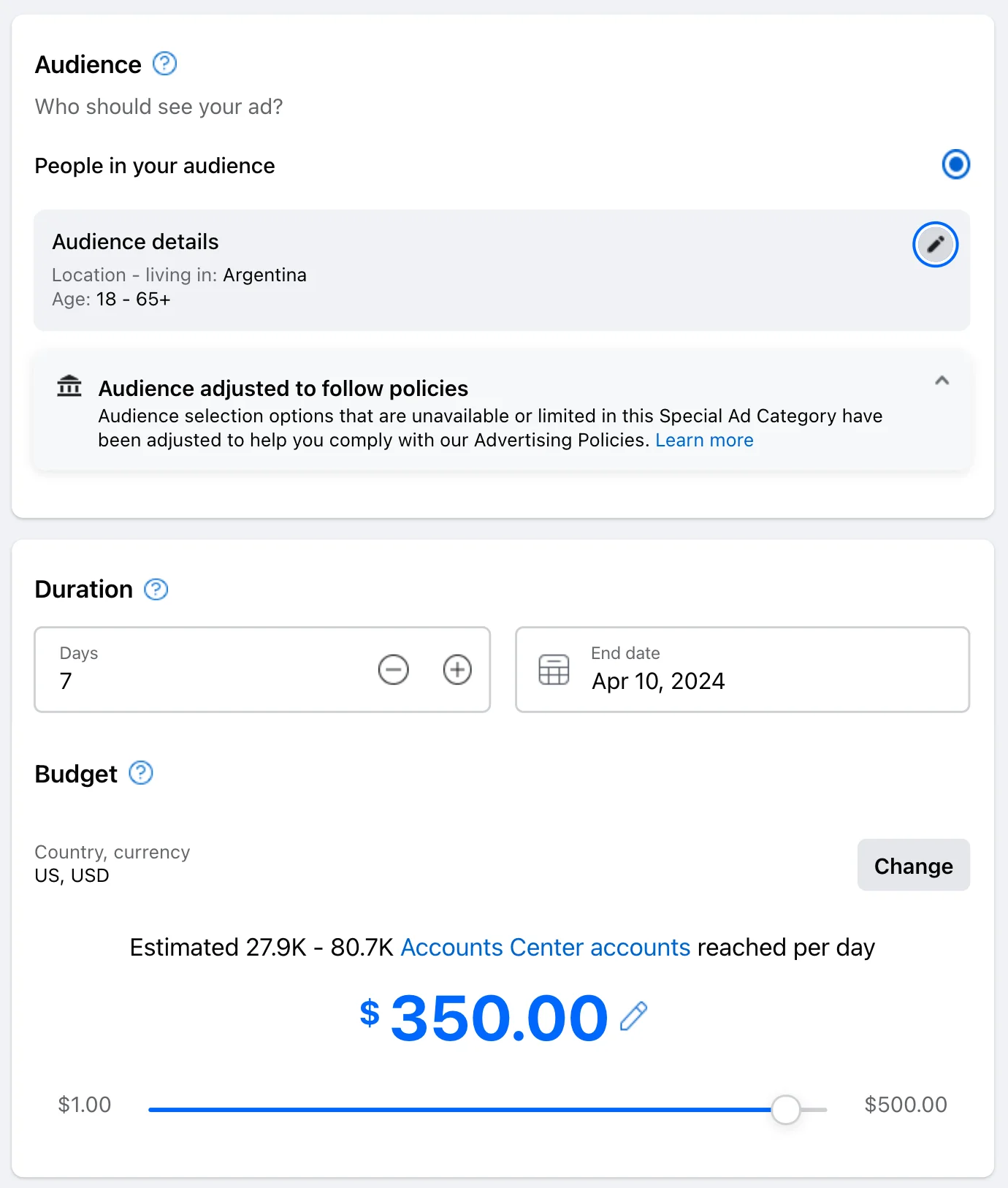 Facebook boost - choosing audience and duration