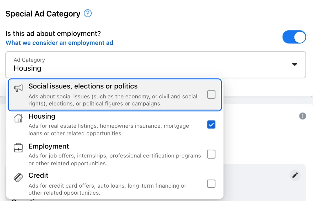 Facebook boost - special ad categories