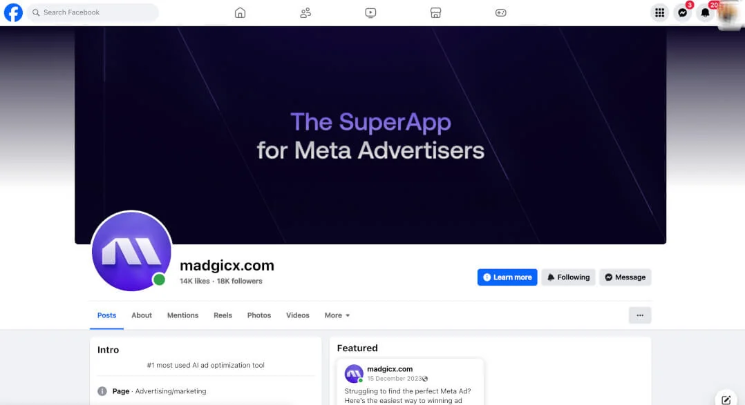 Madgicx Facebook Business Page with 'The SuperApp for Meta Advertisers' cover photo.