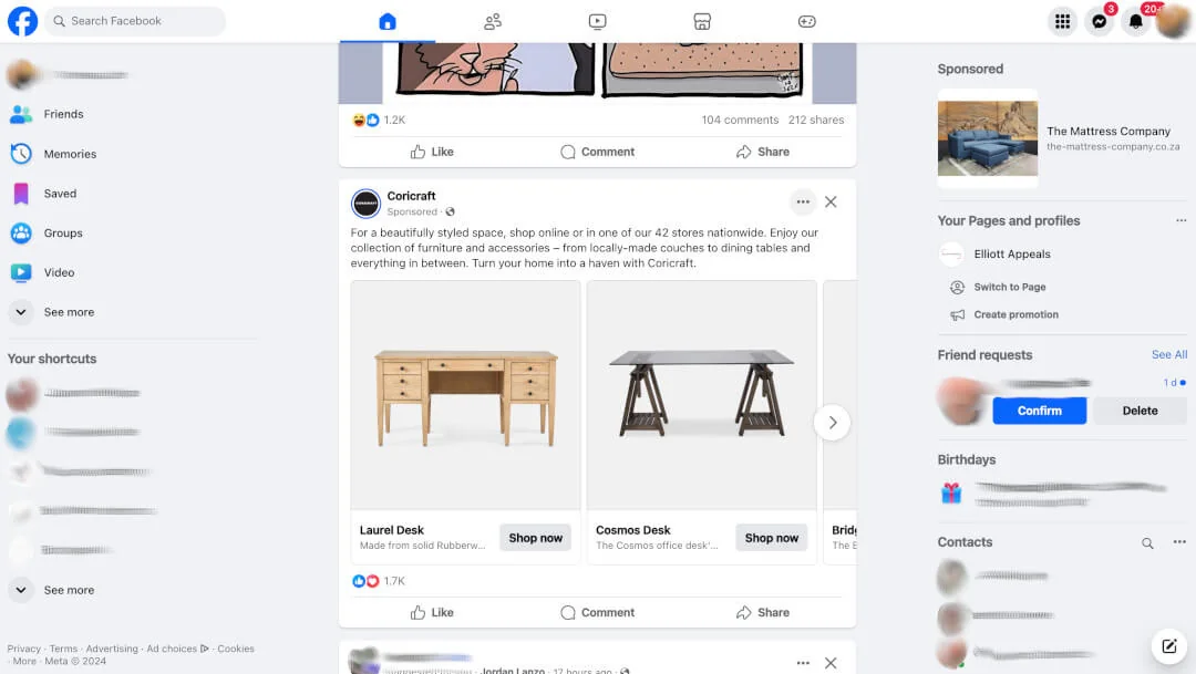 Coricraft Facebook carousel ad with same-size square product cards for each desk.