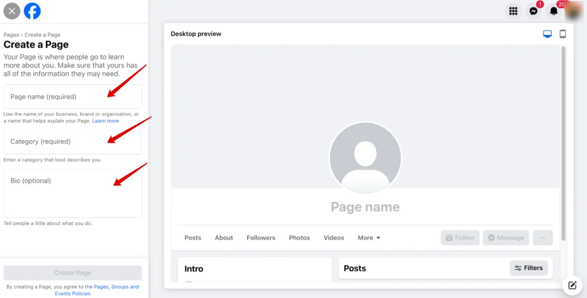 Facebook 'Create a Page' form, with arrows to the Page name, category, and bio fields beside a desktop preview.