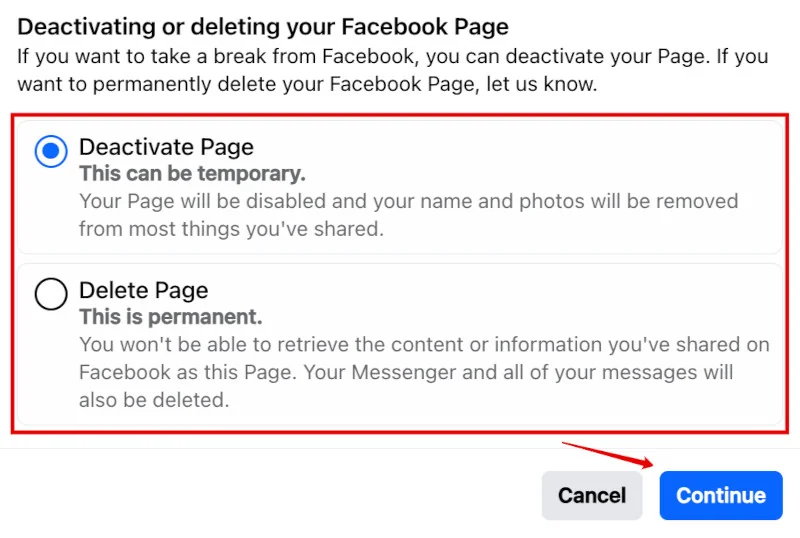 Choice between deactivating a Facebook Page temporarily or deleting it permanently, with the 'Continue' button.