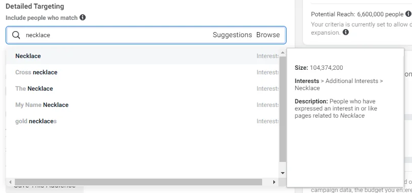 Facebook detailed targeting suggestions