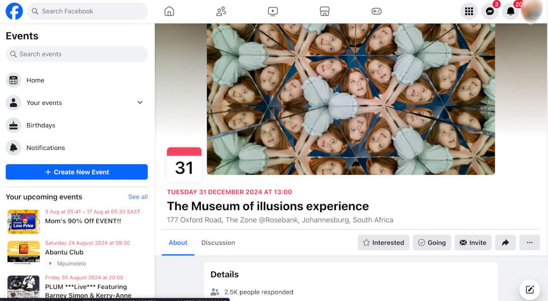 Facebook event page showing how a wide event cover photo displays above the event details.