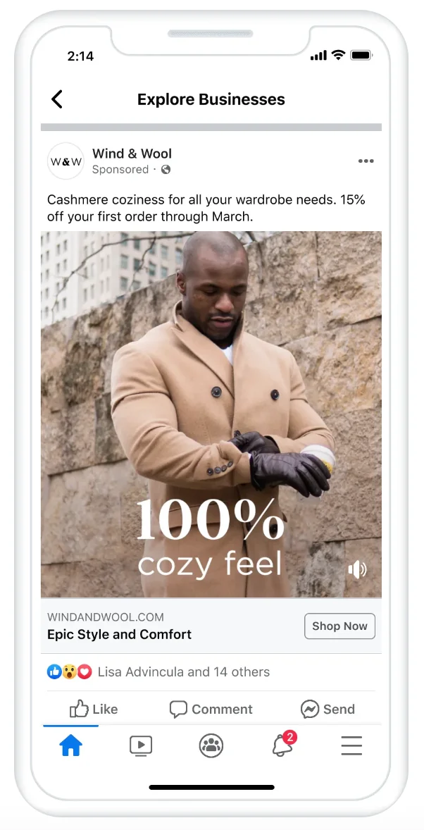 Meta example of a Facebook feed video ad on mobile: a Wind & Wool coat ad reading '100% cozy feel'.