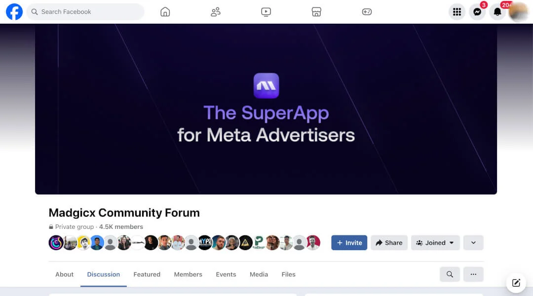 Madgicx Community Forum Facebook group with its cover photo across the top.