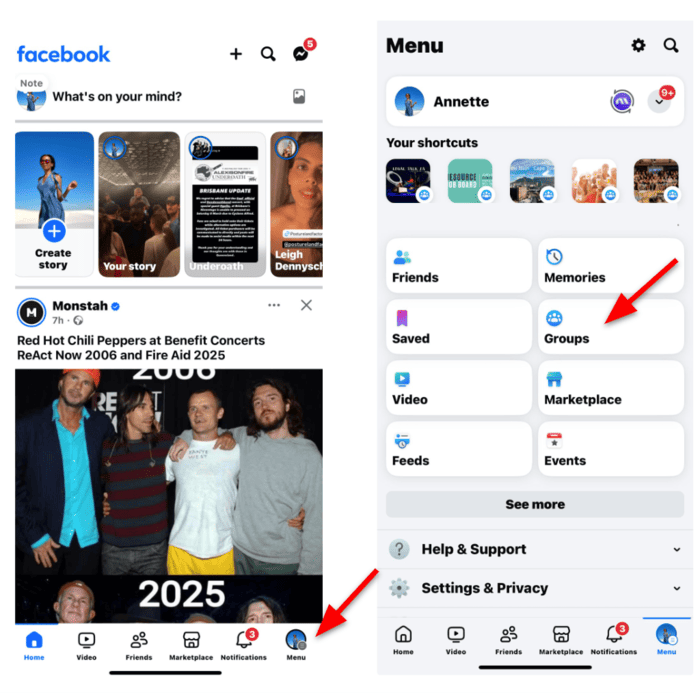 Facebook Groups tab on mobile