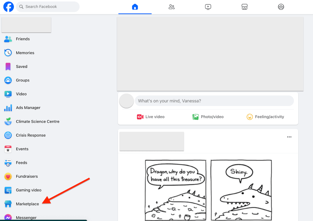 Arrow pointing to Marketplace in the Facebook desktop left-hand menu.