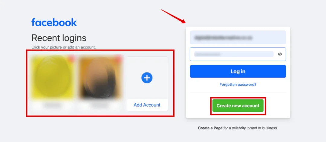 Facebook login page with recent profiles and the 'Create new account' button highlighted.
