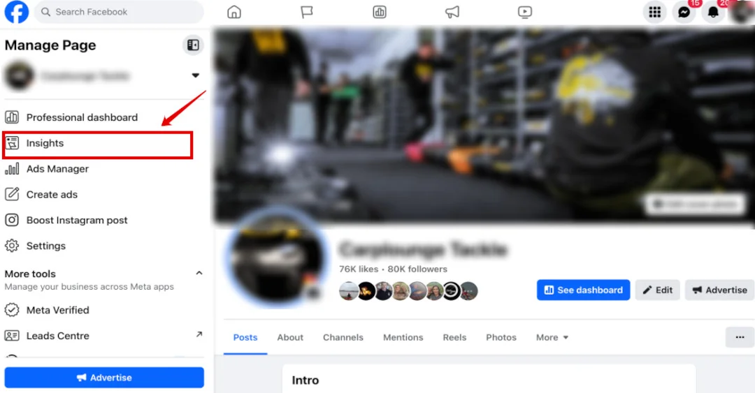Facebook Manage Page menu with the Insights option highlighted.