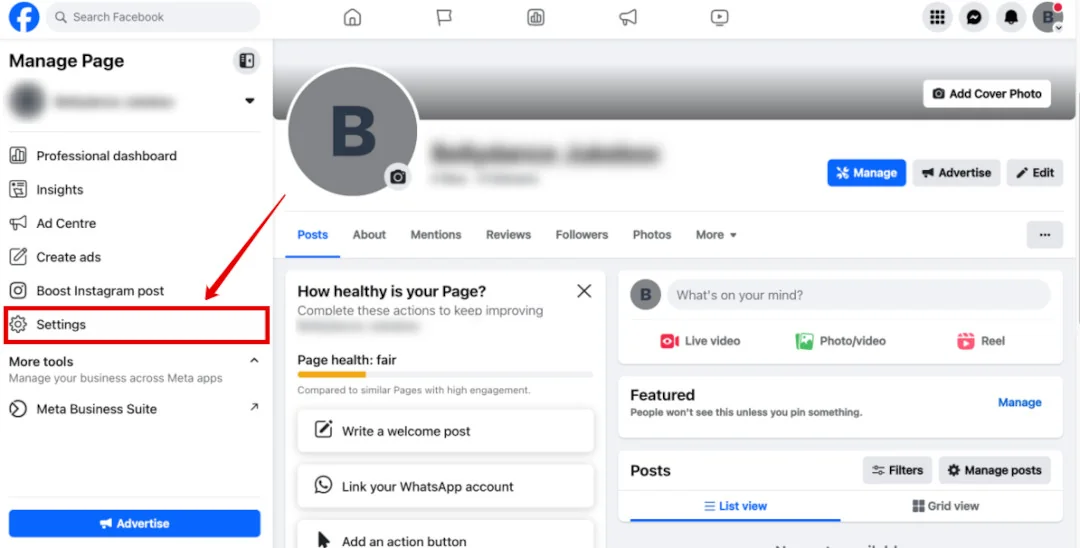 Facebook 'Manage Page' menu with Settings highlighted, the first step to deleting a Page.