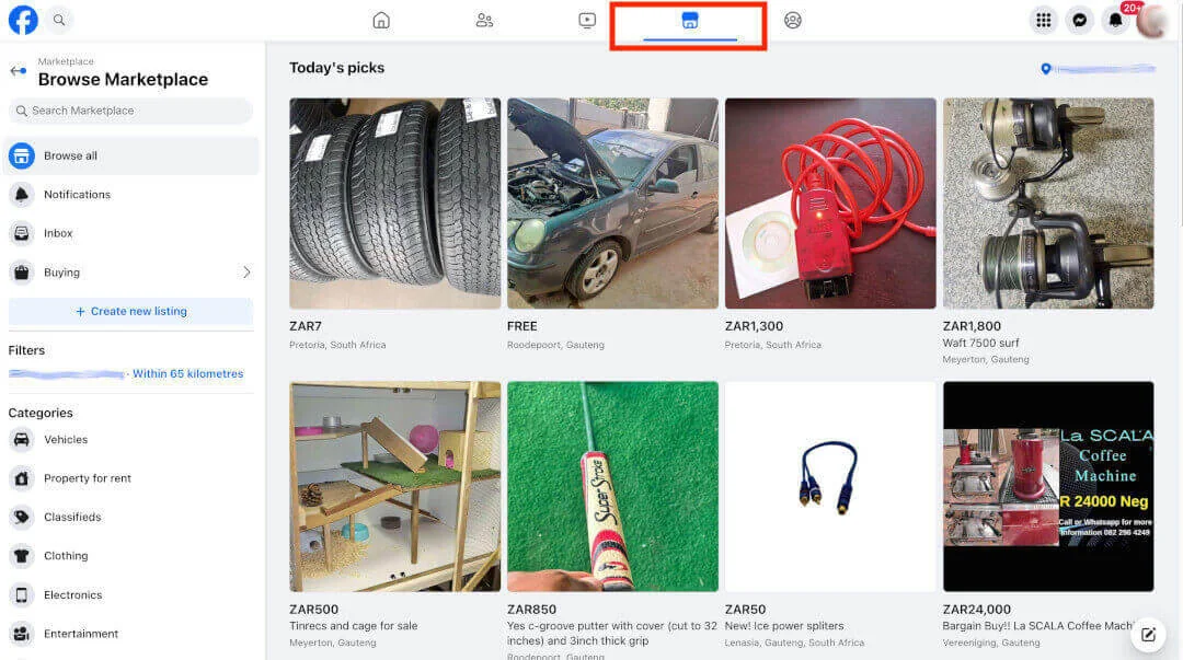 Facebook Marketplace 'Today's picks' showing local listings, with the Marketplace tab highlighted.