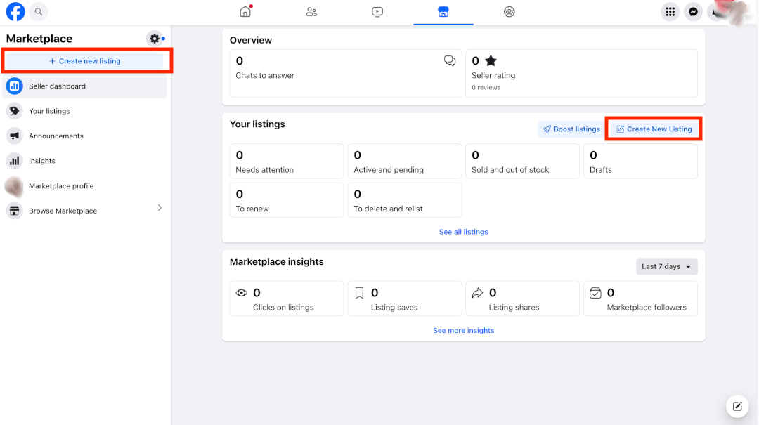 'Create new listing' buttons highlighted on the Facebook Marketplace Seller dashboard.