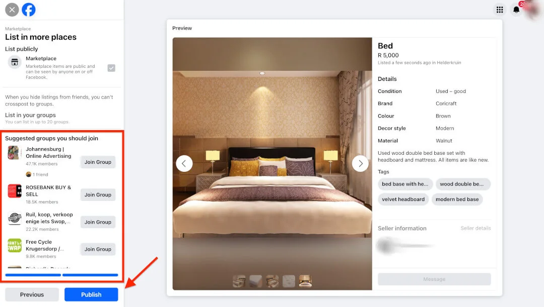 Facebook Marketplace 'List in more places' step with suggested buy-and-sell groups to join and the 'Publish' button.