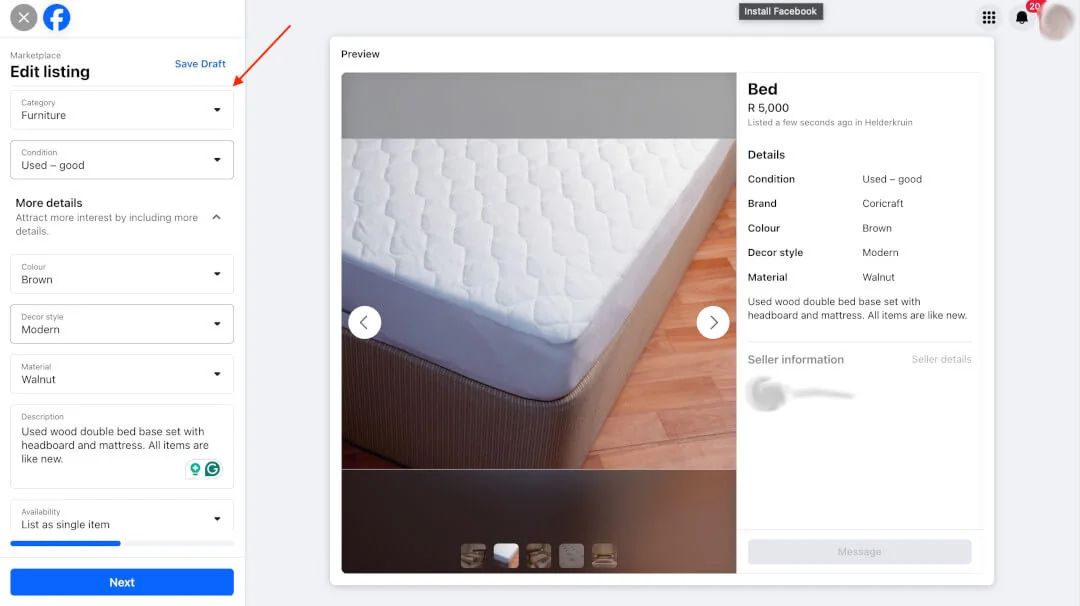 Facebook Marketplace listing form with category, condition, and 'More details' fields such as colour and material.