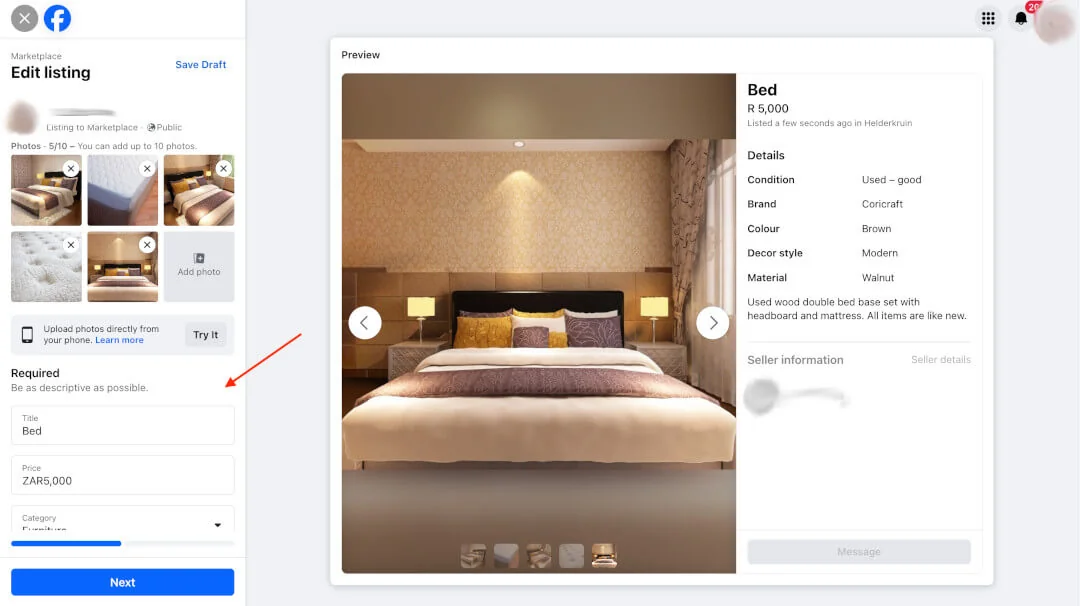 Facebook Marketplace listing editor with product photos, title, price, and category beside a live preview.